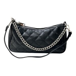 Quilted Vegan Leather Shoulder Bag with Silver Chain Detail